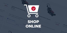 White shopping cart icon with red circle and white tick in the middle. Text under icon: Shop Online