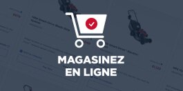 Icône de panier blanche avec cercle rouge et coche blanche au milieu. Texte sous l'icône : Magasinez en ligne