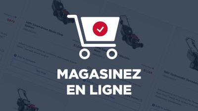 Icône de panier blanche avec cercle rouge et coche blanche au milieu. Texte sous l'icône : Magasinez en ligne