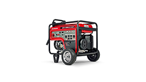 Plan de trois quarts latéral avant d’une génératrice à démarrage électrique 6500 sur fond blanc.  