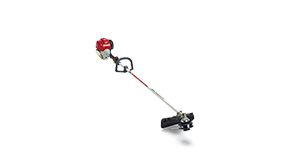 Plan avant latéral de trois quarts du taille-bordures Honda à poignée en boucle sur fond blanc.  