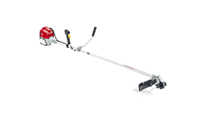 Plan avant latéral de trois quarts du taille-bordures Honda à poignée de style guidon sur fond blanc.   