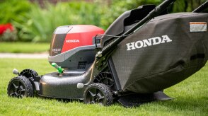 View from the back of the battery lawn mower mowing the lawn. 
