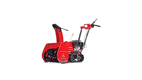 Plan de trois quarts latéral avant d’une souffleuse à neige à entraînement à chenilles et démarrage électrique (22 po) sur fond blanc.  